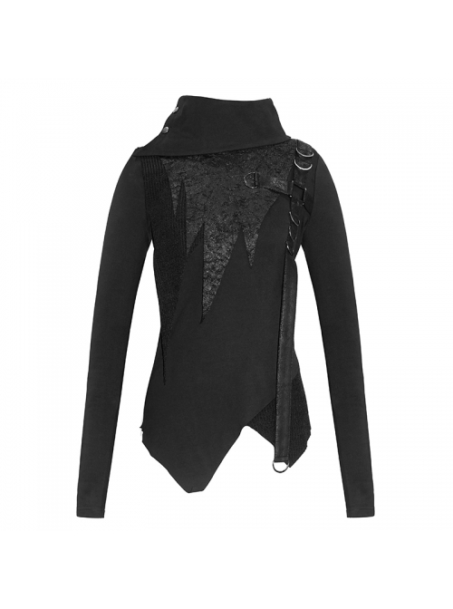 Worn-Out Cross-Shaped Hasp High Collar Long Sleeve Asymmetric Hem Black Punk T-Shirt