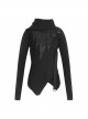 Worn-Out Cross-Shaped Hasp High Collar Long Sleeve Asymmetric Hem Black Punk T-Shirt