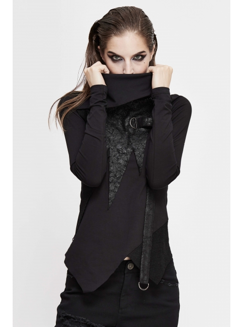 Worn-Out Cross-Shaped Hasp High Collar Long Sleeve Asymmetric Hem Black Punk T-Shirt