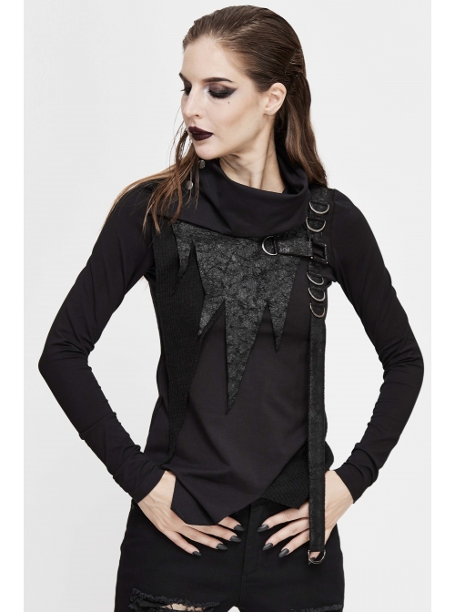 Worn-Out Cross-Shaped Hasp High Collar Long Sleeve Asymmetric Hem Black Punk T-Shirt