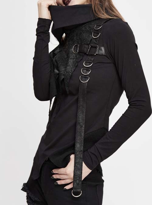 Worn-Out Cross-Shaped Hasp High Collar Long Sleeve Asymmetric Hem Black Punk T-Shirt