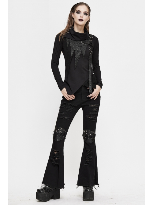 Worn-Out Cross-Shaped Hasp High Collar Long Sleeve Asymmetric Hem Black Punk T-Shirt
