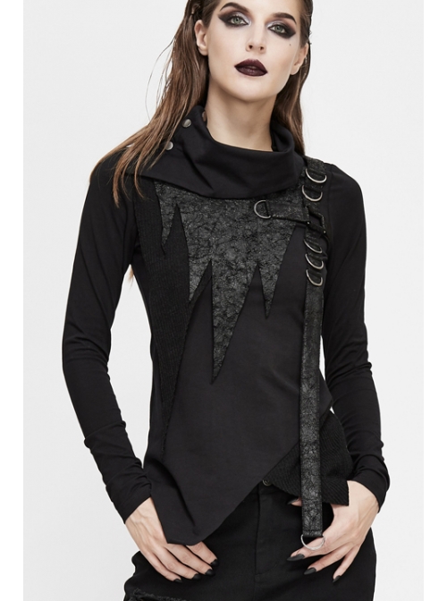 Worn-Out Cross-Shaped Hasp High Collar Long Sleeve Asymmetric Hem Black Punk T-Shirt