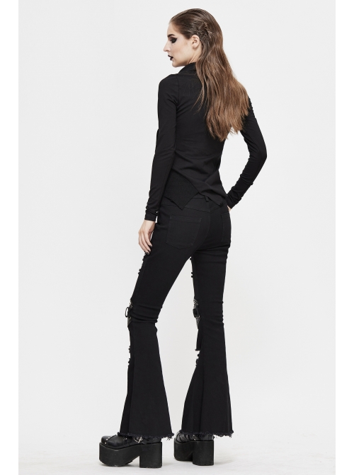 Worn-Out Cross-Shaped Hasp High Collar Long Sleeve Asymmetric Hem Black Punk T-Shirt