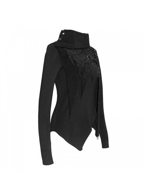Worn-Out Cross-Shaped Hasp High Collar Long Sleeve Asymmetric Hem Black Punk T-Shirt