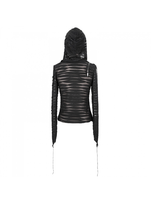 Three-Dimensional Twisted Knitted Inclined Zipper Irregular Hem Black Punk Hooded T-Shirt