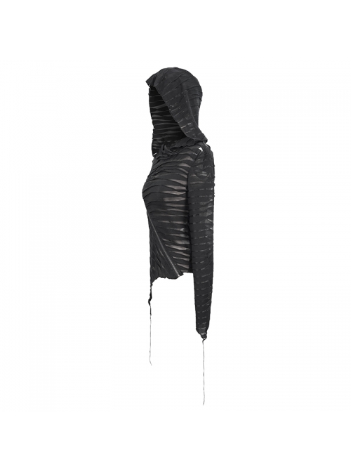 Three-Dimensional Twisted Knitted Inclined Zipper Irregular Hem Black Punk Hooded T-Shirt