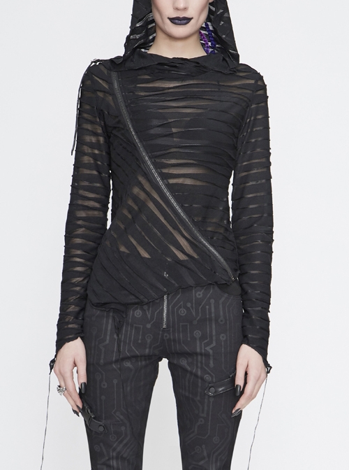 Three-Dimensional Twisted Knitted Inclined Zipper Irregular Hem Black Punk Hooded T-Shirt