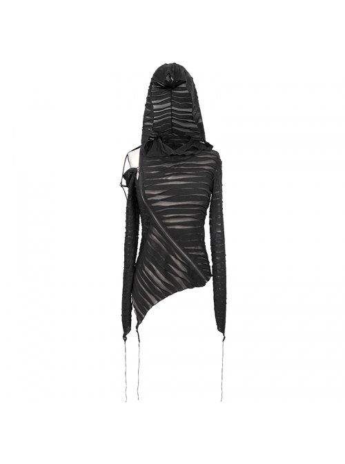 Three-Dimensional Twisted Knitted Inclined Zipper Irregular Hem Black Punk Hooded T-Shirt