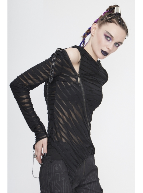 Three-Dimensional Twisted Knitted Inclined Zipper Irregular Hem Black Punk Hooded T-Shirt