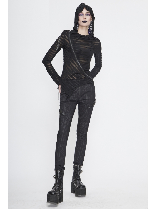 Three-Dimensional Twisted Knitted Inclined Zipper Irregular Hem Black Punk Hooded T-Shirt