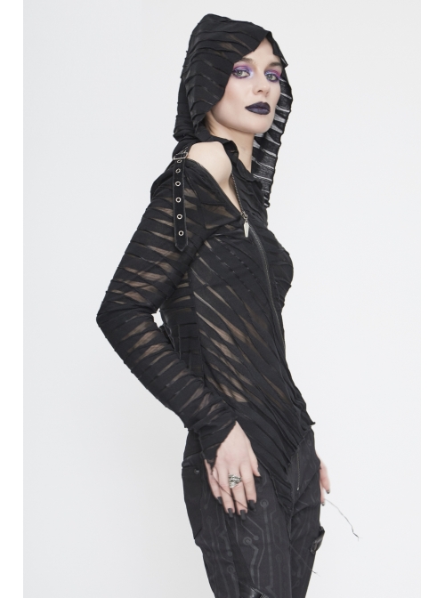 Three-Dimensional Twisted Knitted Inclined Zipper Irregular Hem Black Punk Hooded T-Shirt