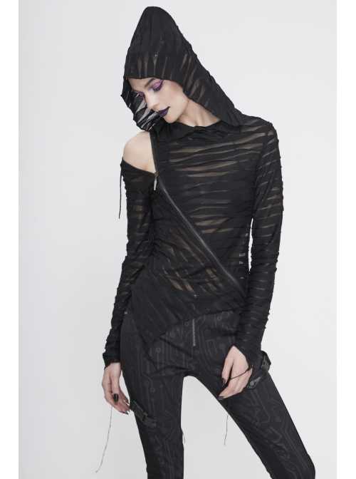 Three-Dimensional Twisted Knitted Inclined Zipper Irregular Hem Black Punk Hooded T-Shirt
