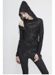 Three-Dimensional Twisted Knitted Inclined Zipper Irregular Hem Black Punk Hooded T-Shirt