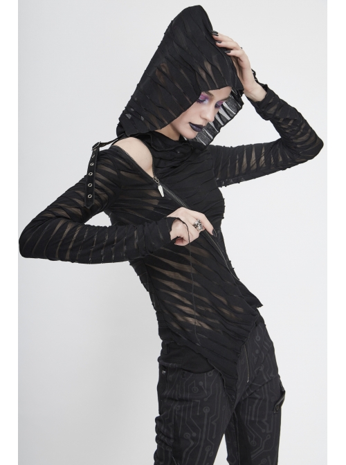 Three-Dimensional Twisted Knitted Inclined Zipper Irregular Hem Black Punk Hooded T-Shirt