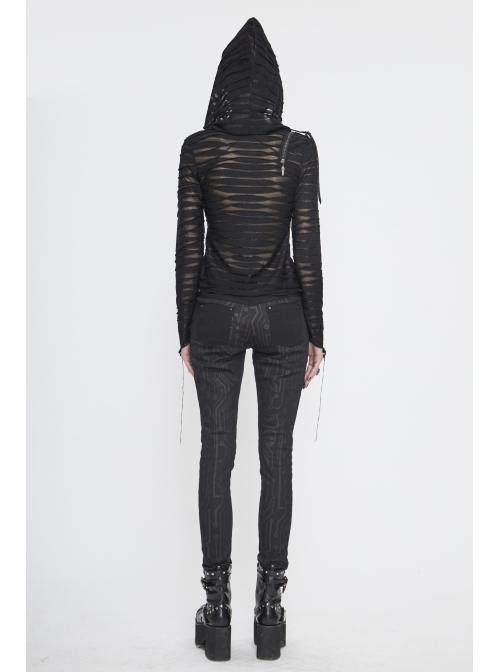 Three-Dimensional Twisted Knitted Inclined Zipper Irregular Hem Black Punk Hooded T-Shirt