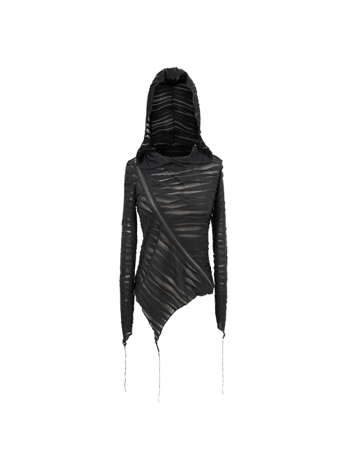 Three-Dimensional Twisted Knitted Inclined Zipper Irregular Hem Black Punk Hooded T-Shirt