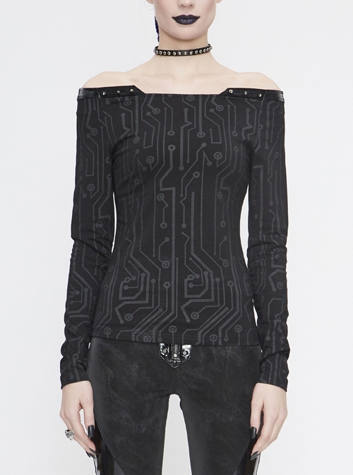 Printed Circuit Board Pattern Off-Shoulder Leather Strip Rivet Black Punk Tight Punk T-Shirt