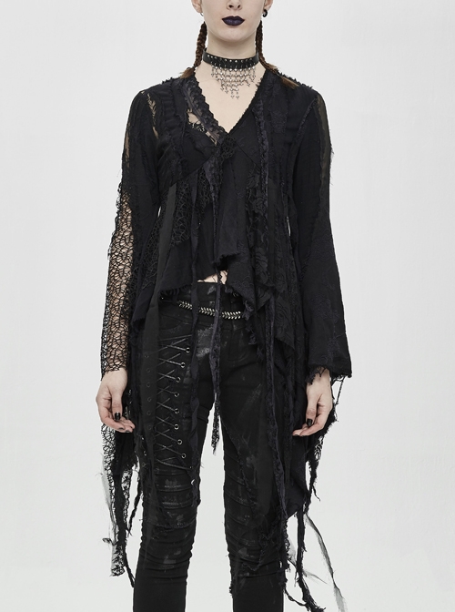 Tattered Style High Waist Long Sleeves Asymmetrical Lace Tassels Hem Black Punk T-Shirt
