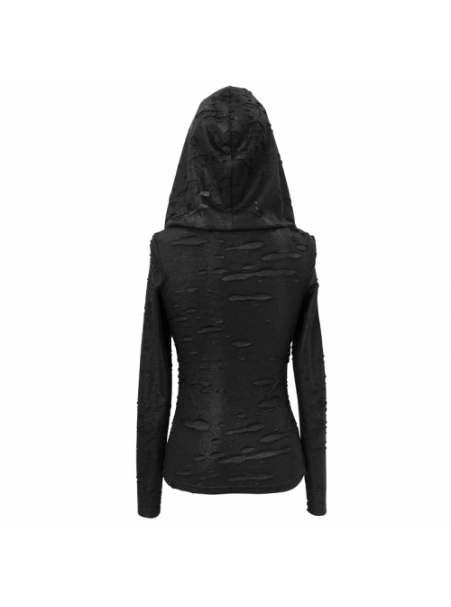 Snakeskin Ripped Pattern Triangle Metal Nail Asymmetrical Hooded Black Punk T-Shirt