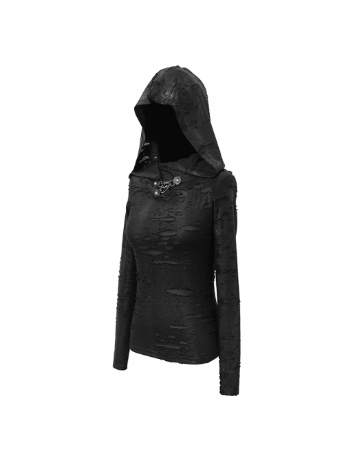 Snakeskin Ripped Pattern Triangle Metal Nail Asymmetrical Hooded Black Punk T-Shirt