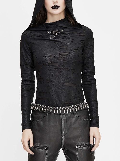 Snakeskin Ripped Pattern Triangle Metal Nail Asymmetrical Hooded Black Punk T-Shirt