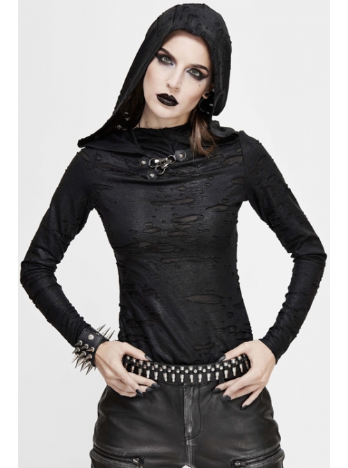 Snakeskin Ripped Pattern Triangle Metal Nail Asymmetrical Hooded Black Punk T-Shirt