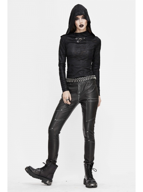 Snakeskin Ripped Pattern Triangle Metal Nail Asymmetrical Hooded Black Punk T-Shirt