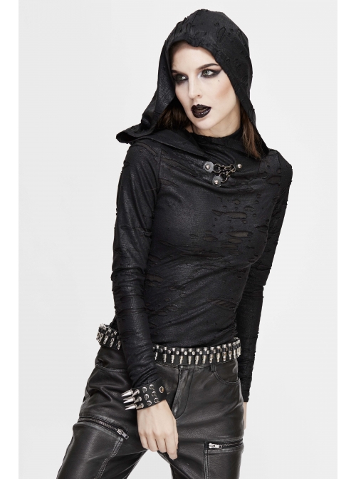 Snakeskin Ripped Pattern Triangle Metal Nail Asymmetrical Hooded Black Punk T-Shirt