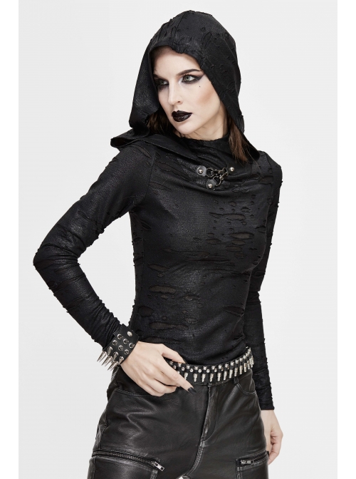 Snakeskin Ripped Pattern Triangle Metal Nail Asymmetrical Hooded Black Punk T-Shirt