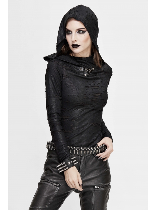 Snakeskin Ripped Pattern Triangle Metal Nail Asymmetrical Hooded Black Punk T-Shirt