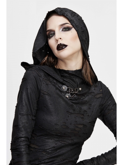 Snakeskin Ripped Pattern Triangle Metal Nail Asymmetrical Hooded Black Punk T-Shirt