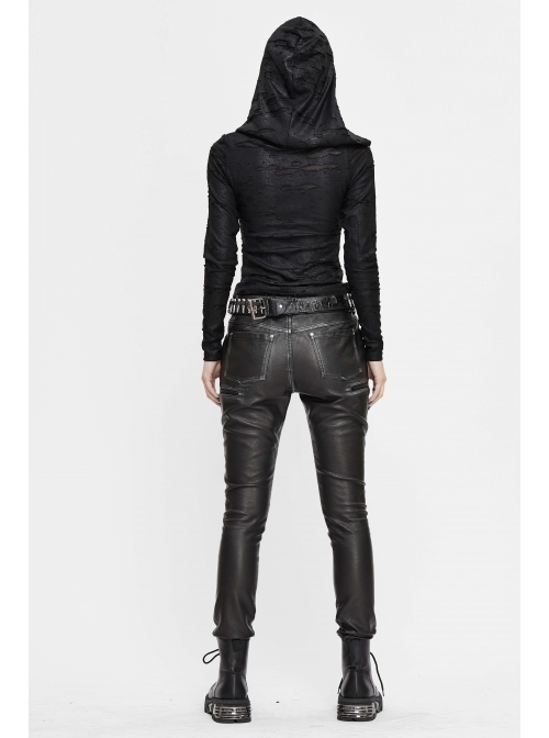 Snakeskin Ripped Pattern Triangle Metal Nail Asymmetrical Hooded Black Punk T-Shirt