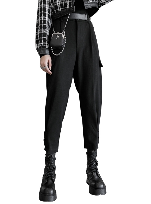 Steam Punk Casual Female Black Elastic Buckle Harem Pants