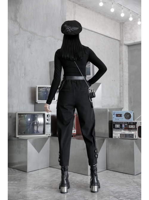 Steam Punk Casual Female Black Elastic Buckle Harem Pants
