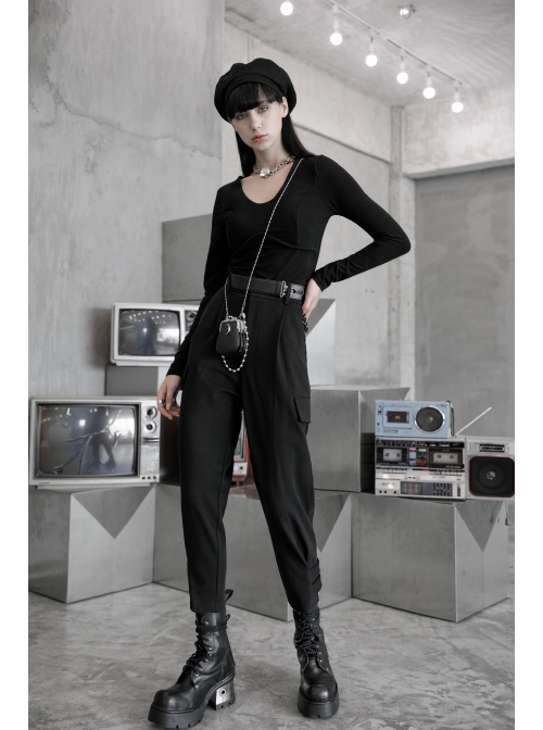 Steam Punk Casual Female Black Elastic Buckle Harem Pants