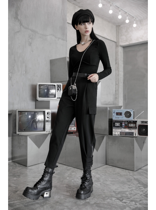 Steam Punk Casual Female Black Elastic Buckle Harem Pants