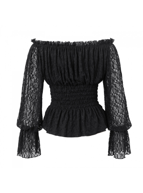 Off-Shoulder Chest Lace-Up Lace Lantern Sleeve Black Gothic T-Shirt