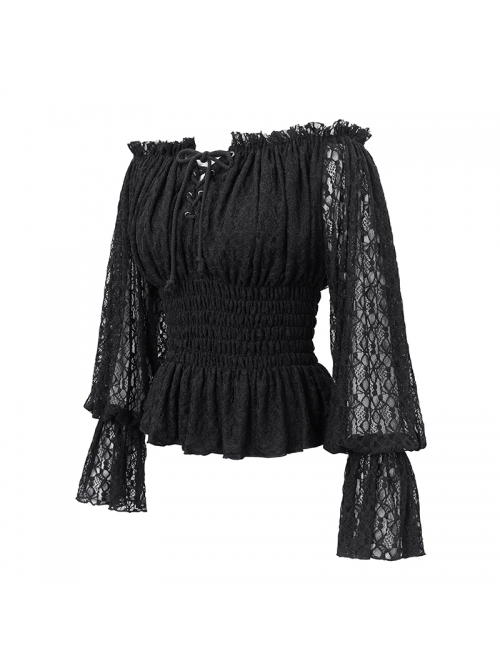 Off-Shoulder Chest Lace-Up Lace Lantern Sleeve Black Gothic T-Shirt