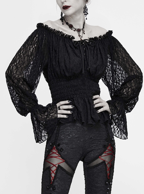 Off-Shoulder Chest Lace-Up Lace Lantern Sleeve Black Gothic T-Shirt