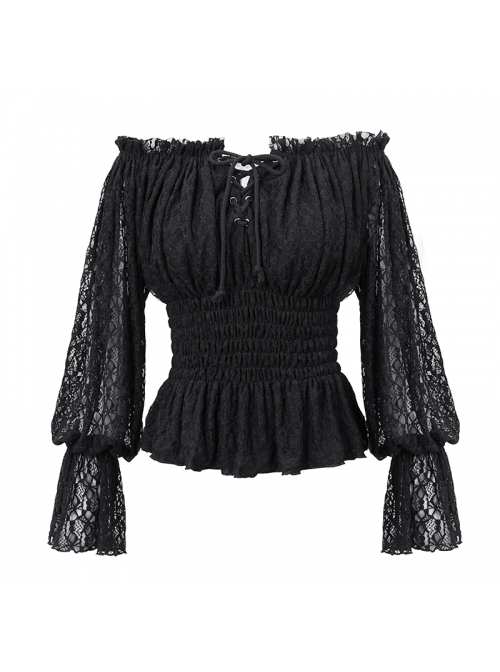 Off-Shoulder Chest Lace-Up Lace Lantern Sleeve Black Gothic T-Shirt