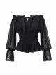Off-Shoulder Chest Lace-Up Lace Lantern Sleeve Black Gothic T-Shirt