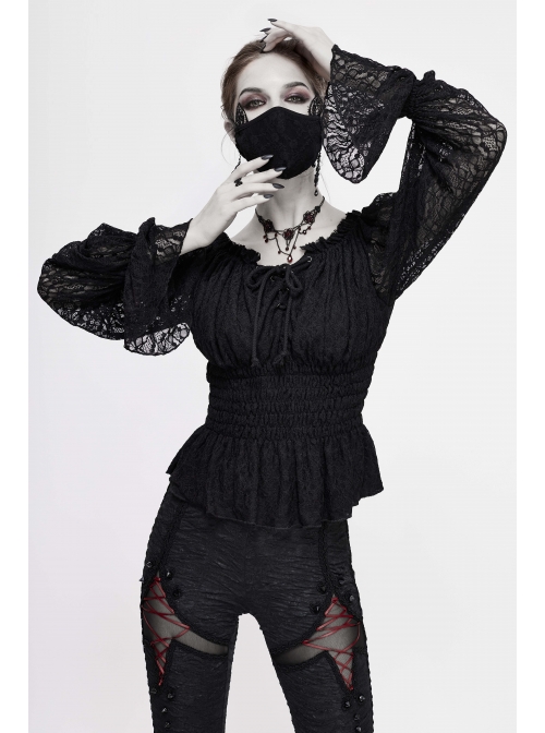 Off-Shoulder Chest Lace-Up Lace Lantern Sleeve Black Gothic T-Shirt