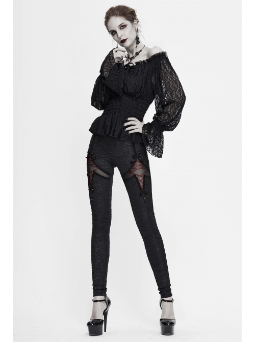Off-Shoulder Chest Lace-Up Lace Lantern Sleeve Black Gothic T-Shirt