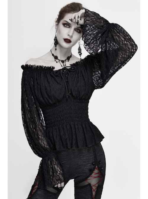 Off-Shoulder Chest Lace-Up Lace Lantern Sleeve Black Gothic T-Shirt