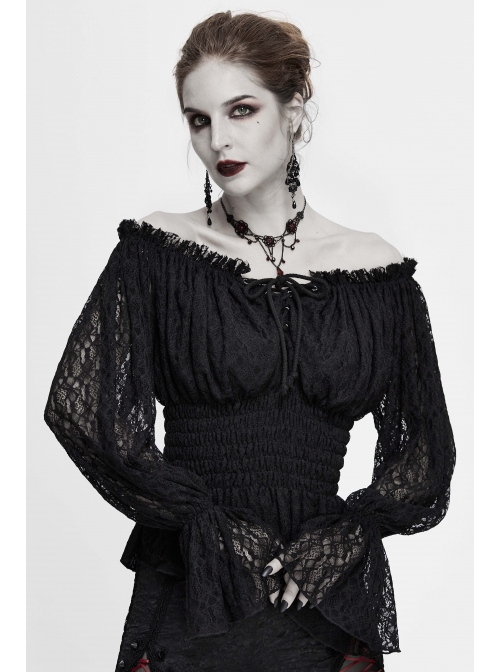 Off-Shoulder Chest Lace-Up Lace Lantern Sleeve Black Gothic T-Shirt