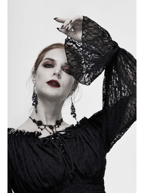 Off-Shoulder Chest Lace-Up Lace Lantern Sleeve Black Gothic T-Shirt