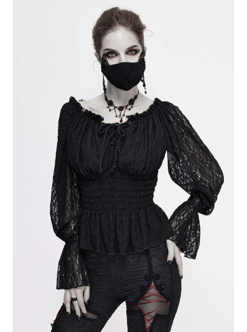 Off-Shoulder Chest Lace-Up Lace Lantern Sleeve Black Gothic T-Shirt