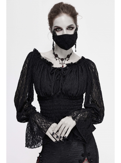 Off-Shoulder Chest Lace-Up Lace Lantern Sleeve Black Gothic T-Shirt