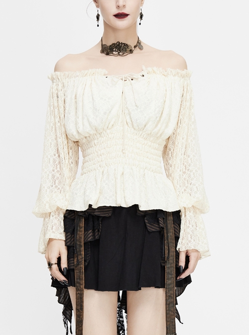 Off-Shoulder Chest Lace-Up Lace Lantern Sleeve White Gothic T-Shirt